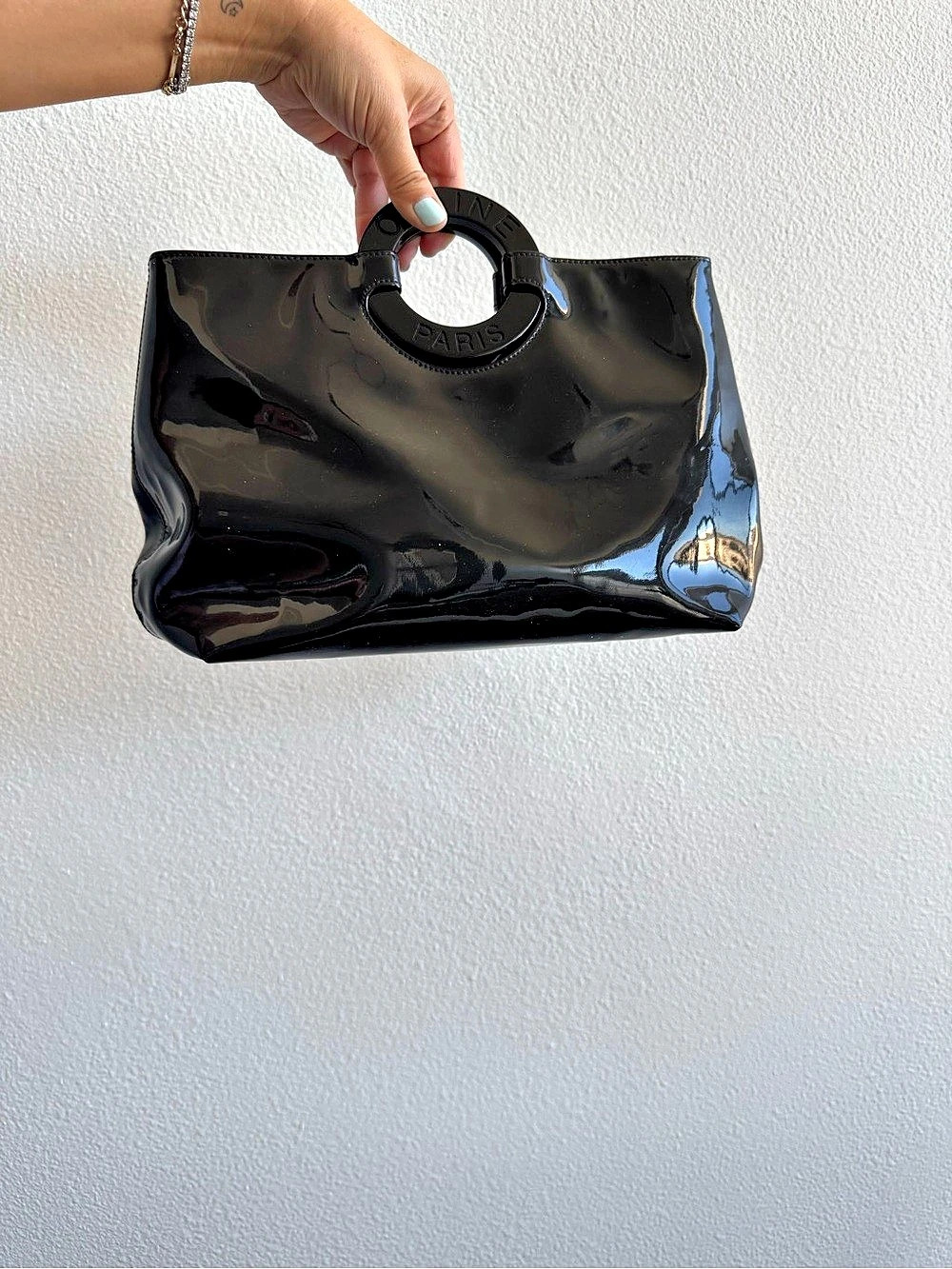 Celine Vintage Patent Leather Ring enamel handle Tote Bag Black